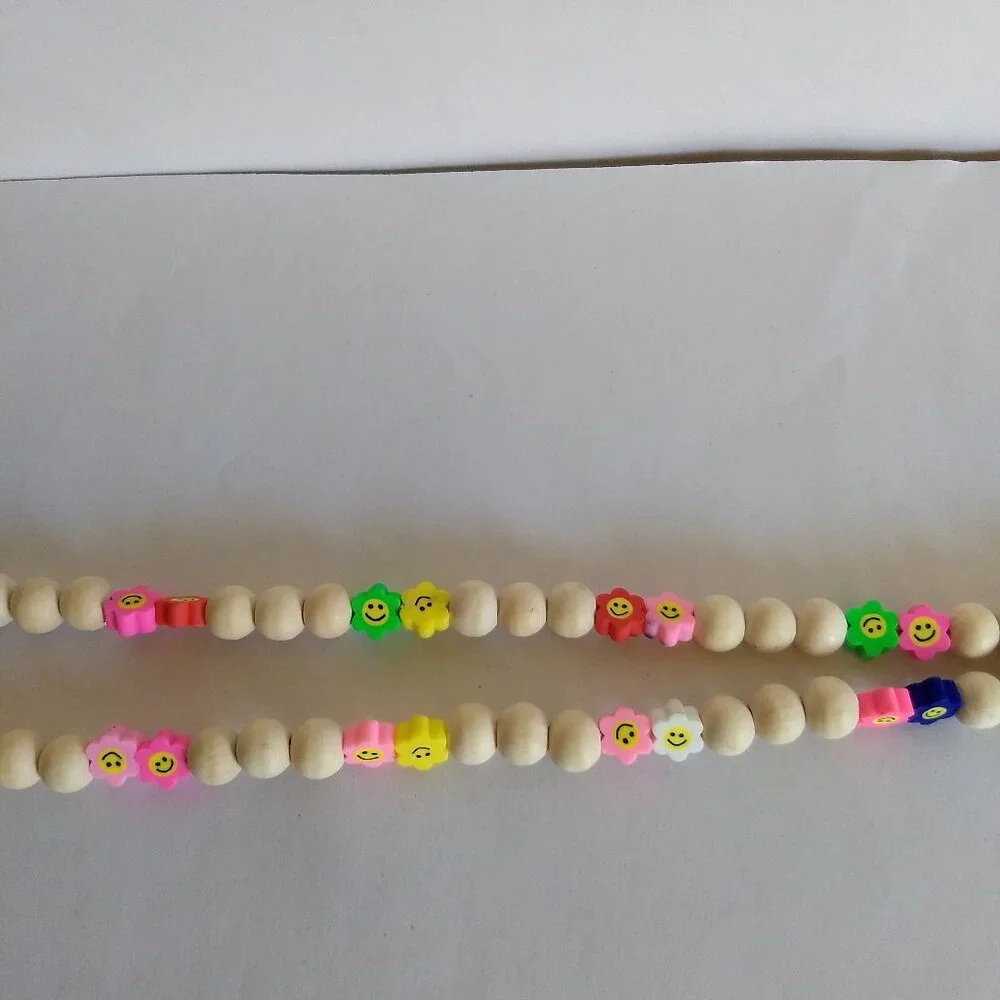 Wooden Bead Smiley Flower Lanyard Keychain Kidcore Fun Colorful Modern Utility